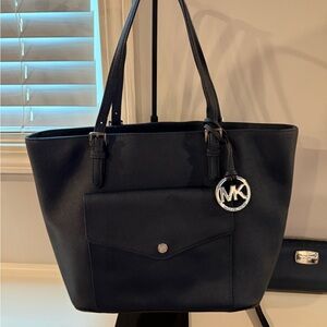 Michael Kors Dark Blue Saffiano Tote with Silver Accents plus wallet